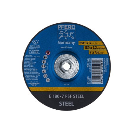 PFERD 7" x 1/4 Grinding Wheel, 5/8-11 Thd. - PSF STEEL - Type 27 60017